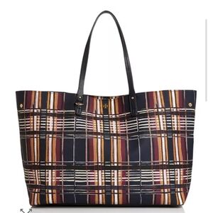 Tory Burch Navy Plaid Large Tote with Multicolor Stripes